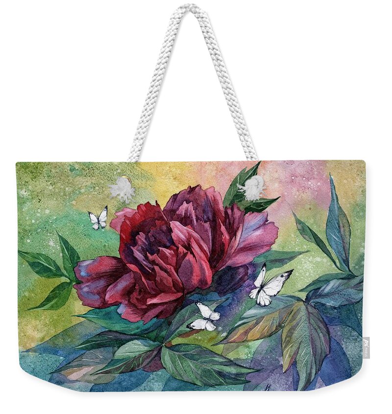Russian Artists New Wave Weekender Tote Bag featuring the painting Black Peony Flower and Butterflies by Ina Petrashkevich