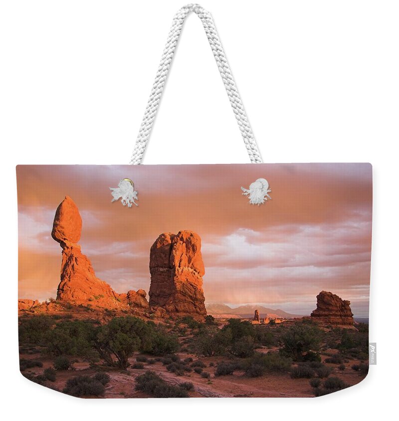 Tranquility Weekender Tote Bag featuring the photograph Blazing Balanced Rock by Daniel Cummins