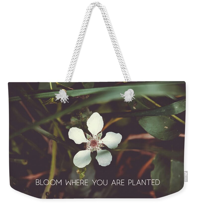 Minimalism Weekender Tote Bag featuring the photograph Bloom where you are planted #inspirational by Andrea Anderegg