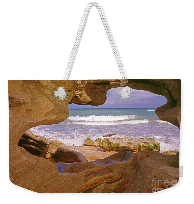 Blowing Rocks Weekender Tote Bag featuring the photograph Blowing Rocks Cave Beachscape by Larry Nieland