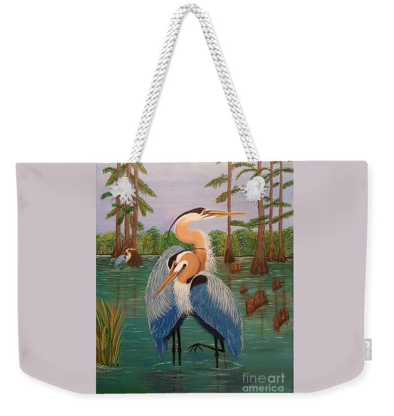 Blue Heron Weekender Tote Bag featuring the painting Blue Beauties by Elizabeth Mauldin