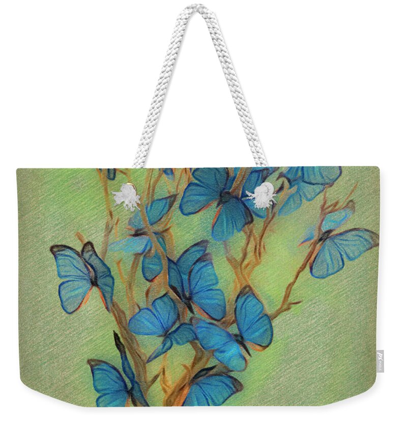 Butterflies Weekender Tote Bag featuring the digital art Blue Butterfly Tree by Leslie Montgomery