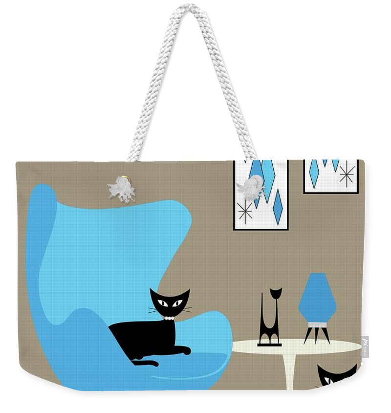 Mid Century Modern Weekender Tote Bag featuring the digital art Blue Egg Chair with Cats by Donna Mibus