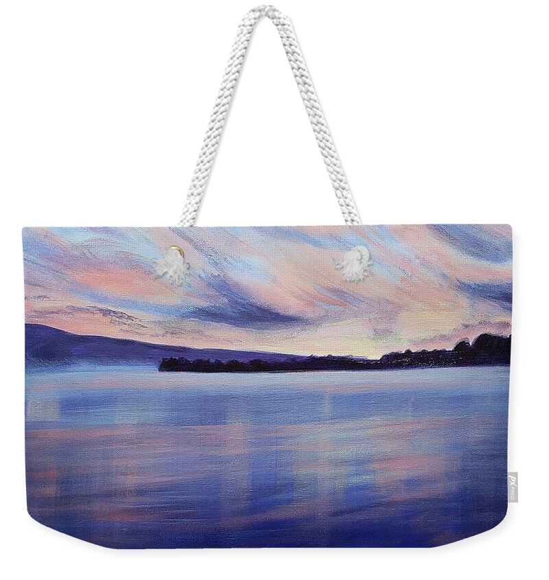 Sunset Weekender Tote Bag featuring the painting Blue Fog Over Sunset Lake by Alexis King-Glandon