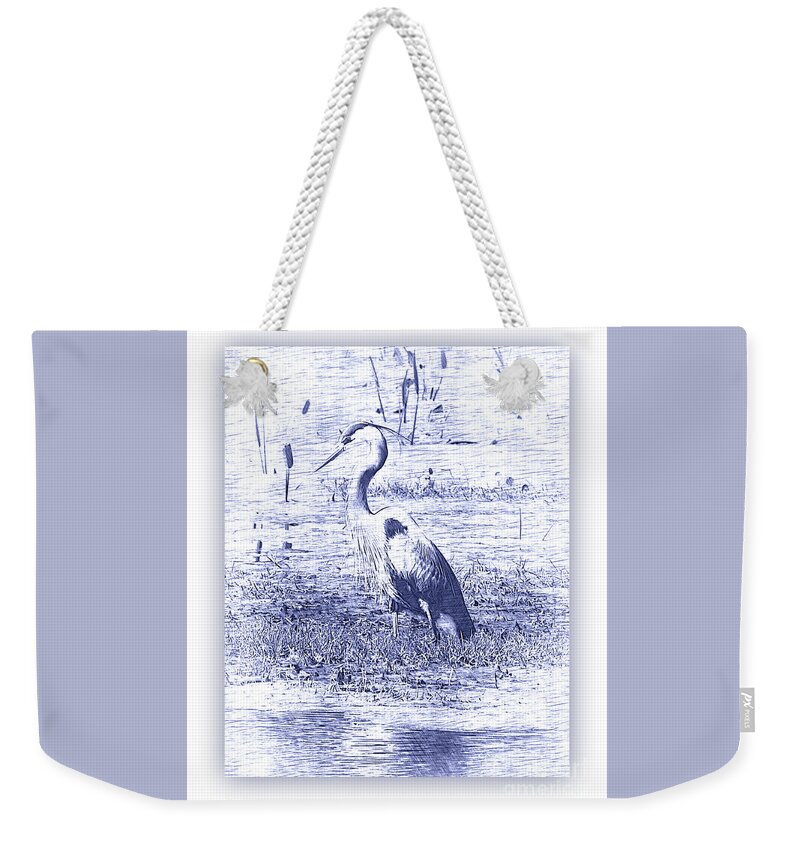 Heron Weekender Tote Bag featuring the photograph Blue Heron in Blue Digital Art with White Border by Carol Groenen