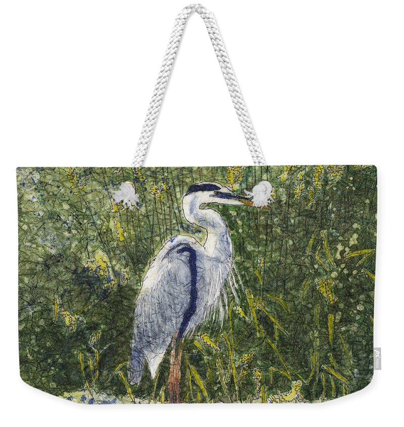 Blue Heron Weekender Tote Bag featuring the painting Blue Heron Watercolor Batik by Conni Schaftenaar