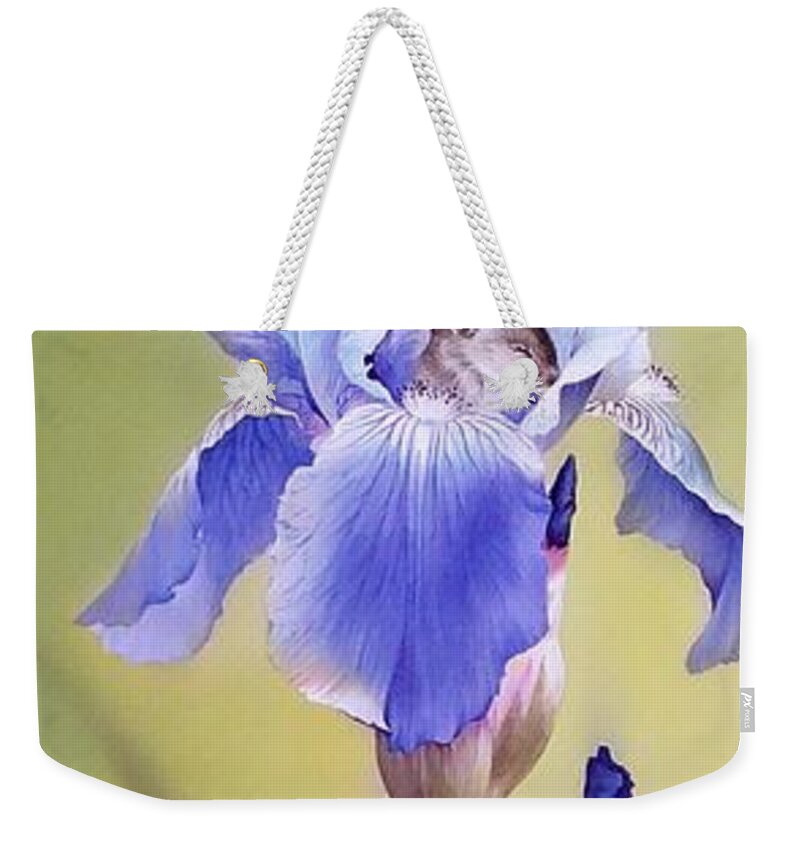 Russian Artists New Wave Weekender Tote Bag featuring the painting Blue Irises with Sleeping Baby Mouse by Alina Oseeva