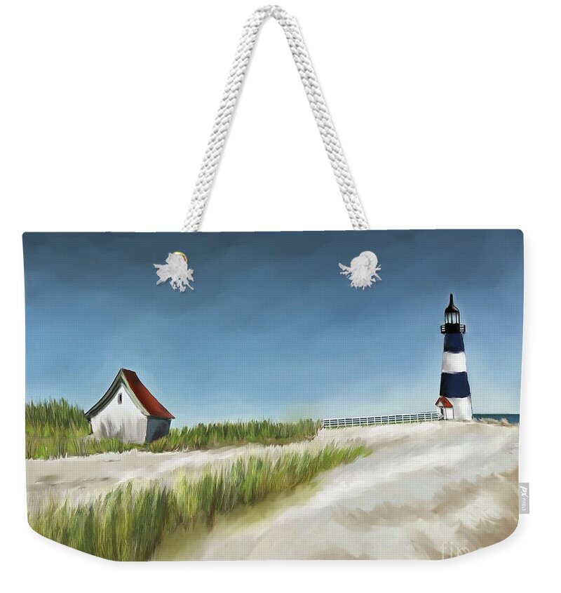 Seascape Weekender Tote Bag featuring the painting Blue Lighthouse by Ana Borras
