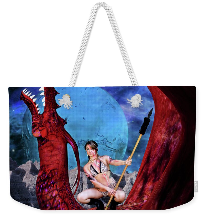 Red Weekender Tote Bag featuring the photograph Blue Moon And Red Dragon by Jon Volden