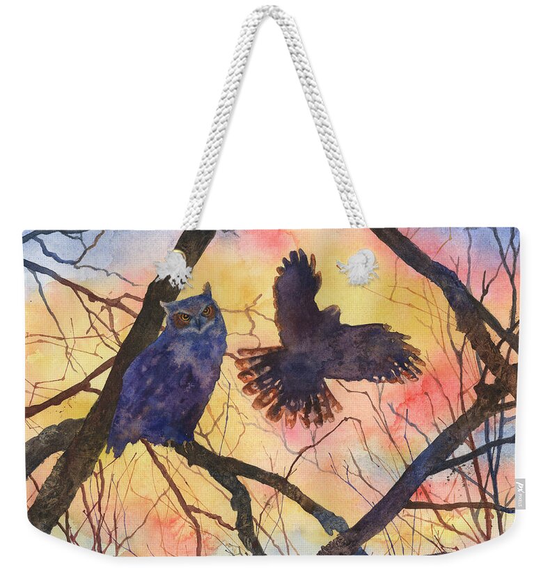 Owl Painting Weekender Tote Bag featuring the painting Blue Owl by Anne Gifford