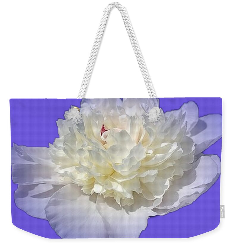 Blue Weekender Tote Bag featuring the photograph Blue Peony Flower Cropped Choose a Custom Background Color by Delynn Addams
