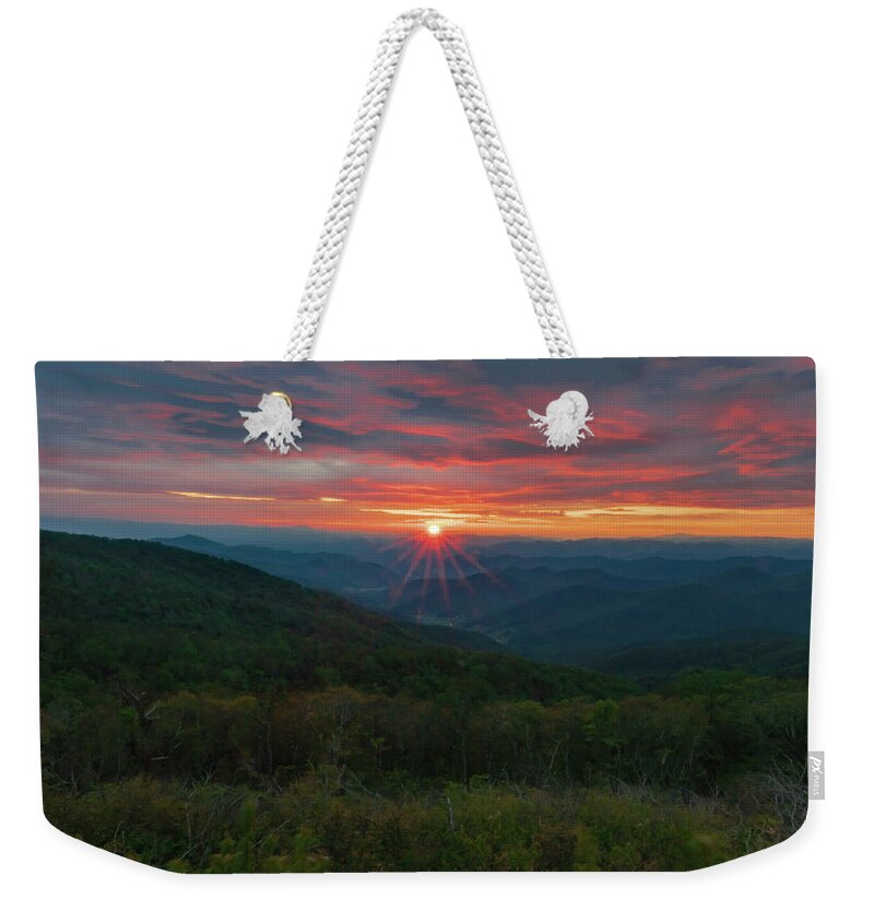 Glassmine Weekender Tote Bag featuring the photograph Blue Ridge Layered Sunset by Norma Brandsberg