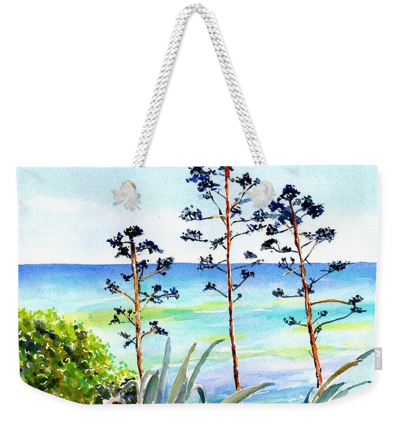 Ocean Weekender Tote Bag featuring the painting Blue Sea and Agave by Carlin Blahnik CarlinArtWatercolor