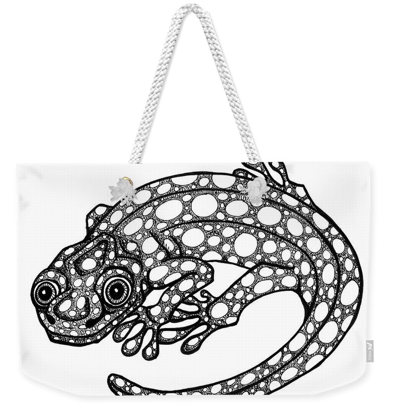 Salamander Weekender Tote Bag featuring the drawing Blue Spotted Salamander by Amy E Fraser