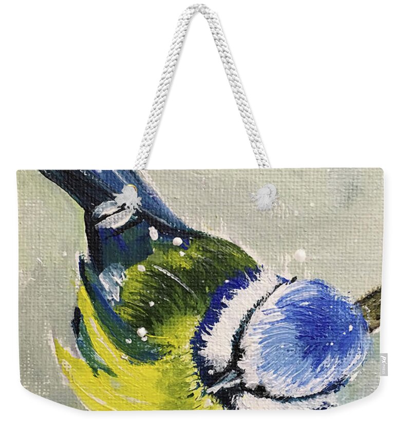 Bird Weekender Tote Bag featuring the painting Blue Tit in Snow by Roxy Rich