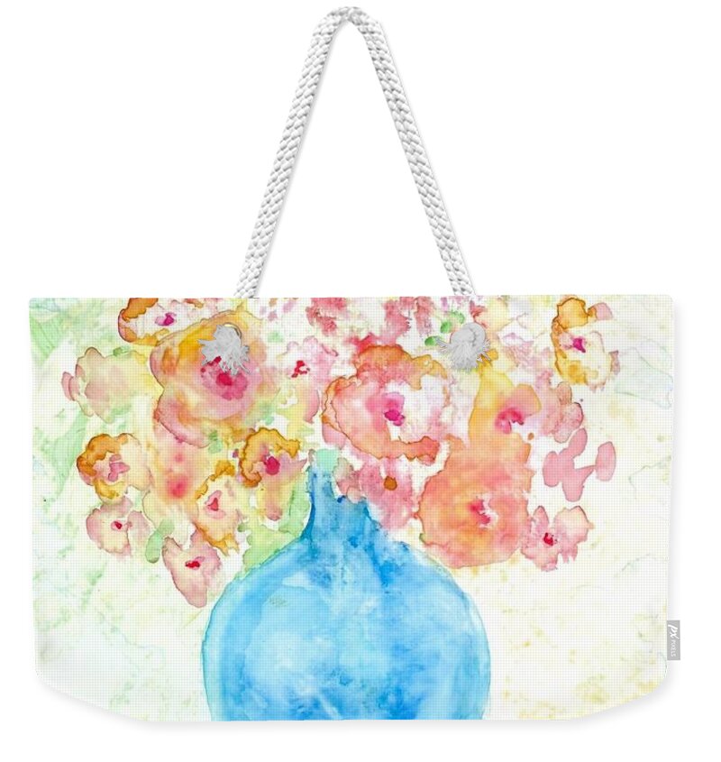 Blue Weekender Tote Bag featuring the painting Blue Vase with Flowers by Claudette Carlton