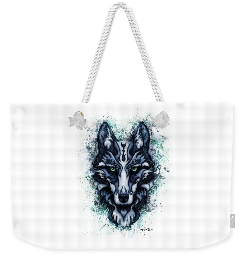 Blue Wolf Weekender Tote Bag featuring the painting Animal abstract painting, Blue wolf by Nadia CHEVREL
