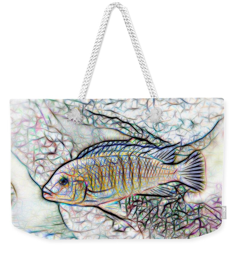 African Cichlid Weekender Tote Bag featuring the digital art Blue Zebra Limestone Line Art by Don Northup