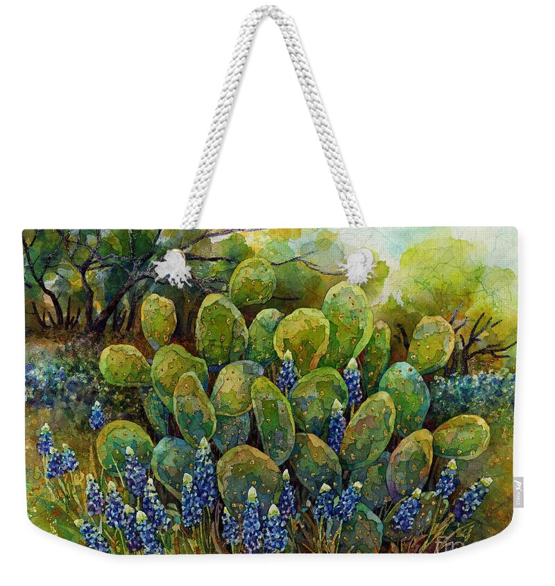 Cactus Weekender Tote Bag featuring the painting Bluebonnets and Cactus 2 by Hailey E Herrera