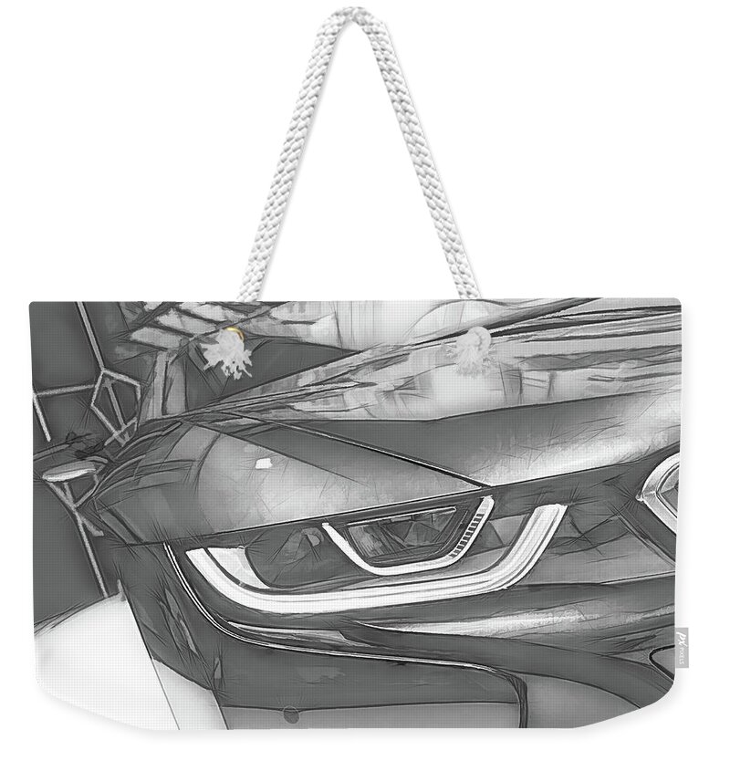 Bmw Weekender Tote Bag featuring the digital art BMW i8 Front Abstract Black and White Sketch by Rick Deacon