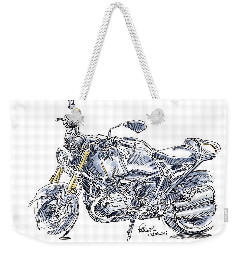 Motorbike Weekender Tote Bag featuring the drawing BMW R NINE T Motorcycle Ink Drawing and Watercolor by Frank Ramspott