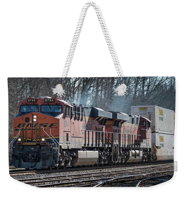 Railroad Weekender Tote Bag featuring the photograph BNSF 6744 and 6698 by Jim Pearson