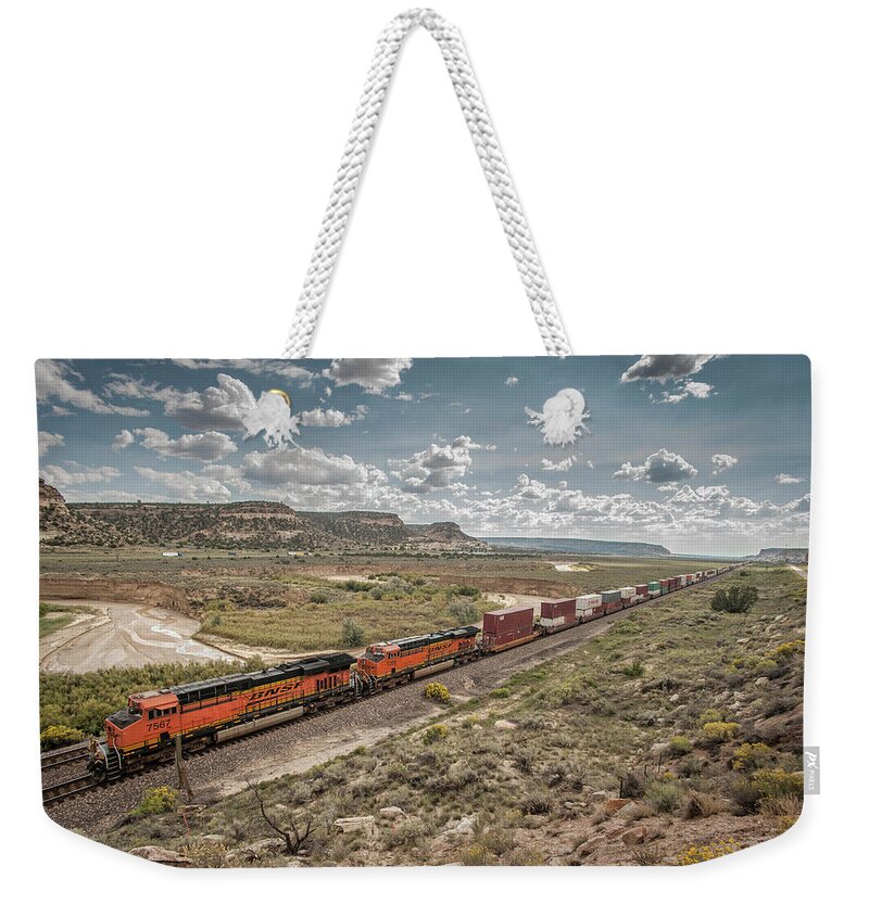 Railroad Weekender Tote Bag featuring the photograph BNSF 7567 and 7209 at Continental Divide New Mexico by Jim Pearson