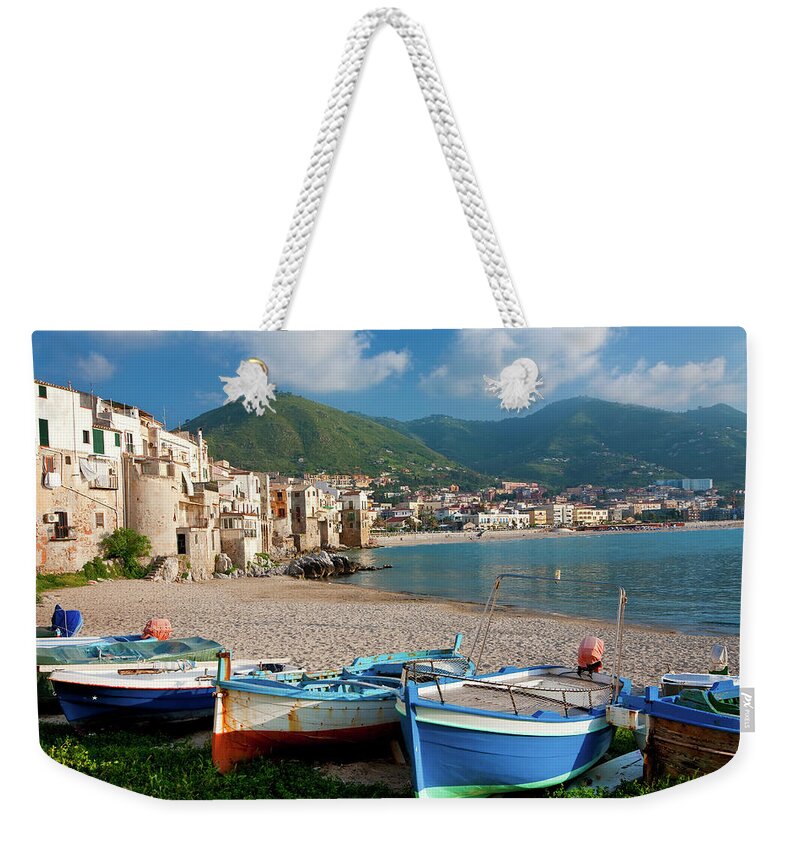 Sicily Weekender Tote Bag featuring the photograph Boats On The Beach, Cefalu, Sicily by Peter Adams