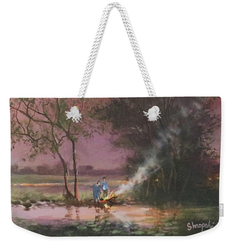 ; Bonfire Weekender Tote Bag featuring the painting Bonfire By The Creek by Tom Shropshire