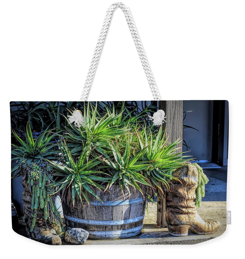 Boots And Barrels Weekender Tote Bag featuring the photograph Boots and Barrels by Barbara Snyder
