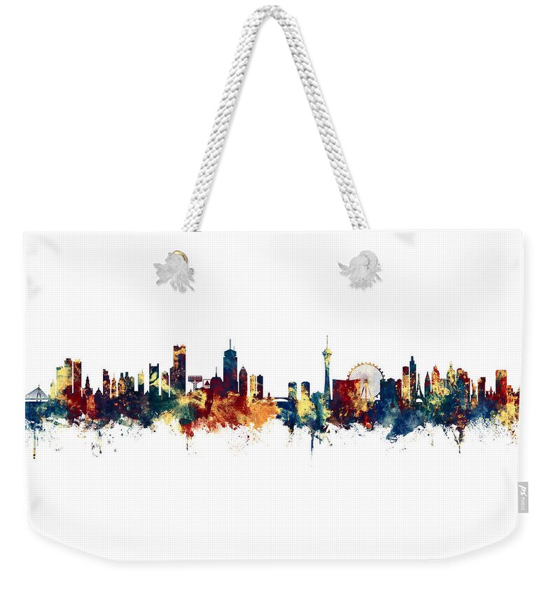 Boston Weekender Tote Bag featuring the digital art Boston and Las Vegas Skylines Mashup by Michael Tompsett