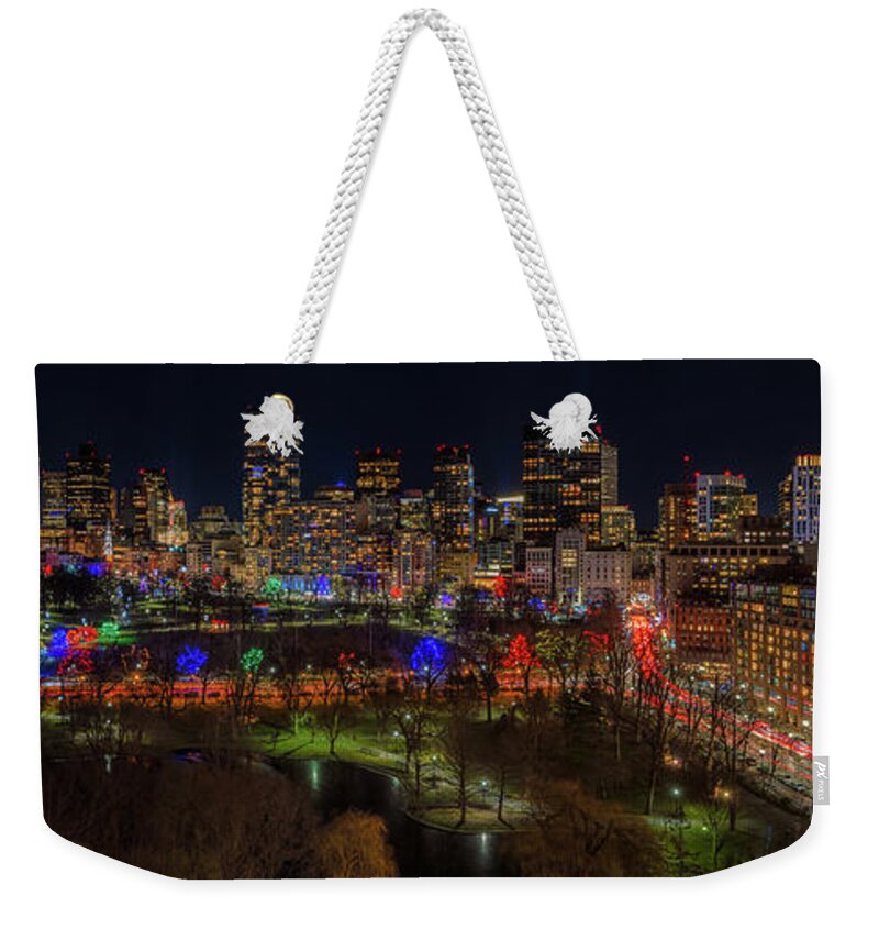 Boston Weekender Tote Bag featuring the photograph Boston Common Holiday Lights Panorama by Kristen Wilkinson