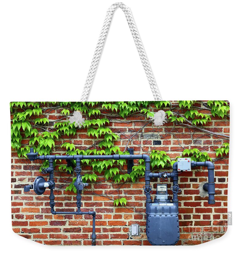 Boston Ivy Weekender Tote Bag featuring the photograph Boston Ivy and Gas Meter by James Brunker