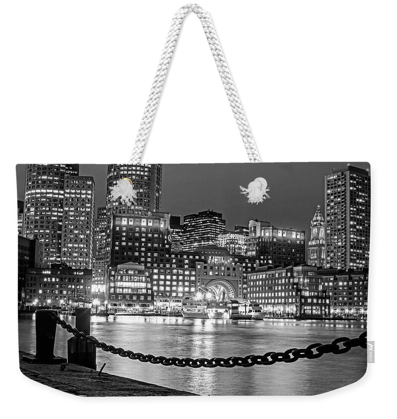 Boston Weekender Tote Bag featuring the photograph Boston Waterfront in Red White and Blue Boston MA Black and White by Toby McGuire