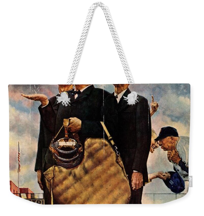 Baseball Weekender Tote Bag featuring the drawing Bottom Of The Sixth by Norman Rockwell