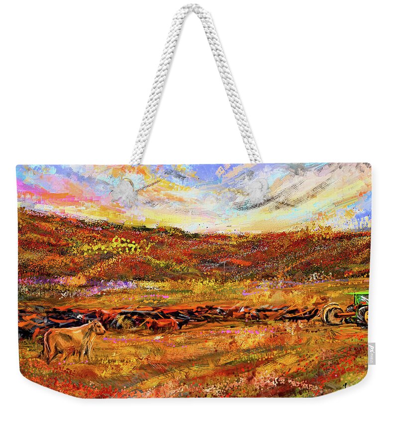 Everton Weekender Tote Bag featuring the painting Bountiful Bovine - Everton, Arkansas by Lourry Legarde