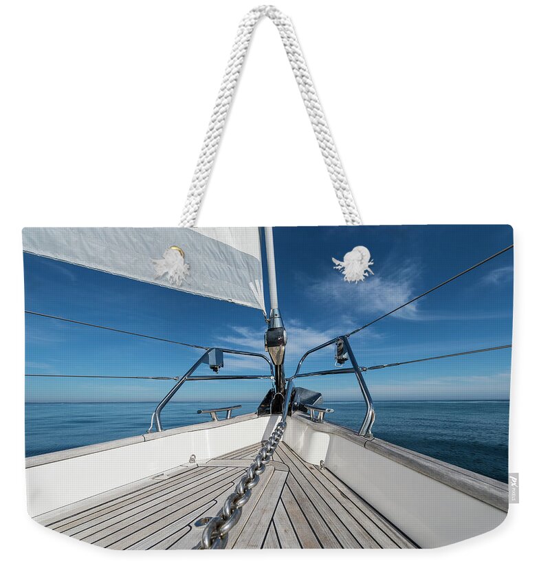 Sailboat Weekender Tote Bag featuring the photograph Bow Of 62 Ft Sailboat by Gary S Chapman