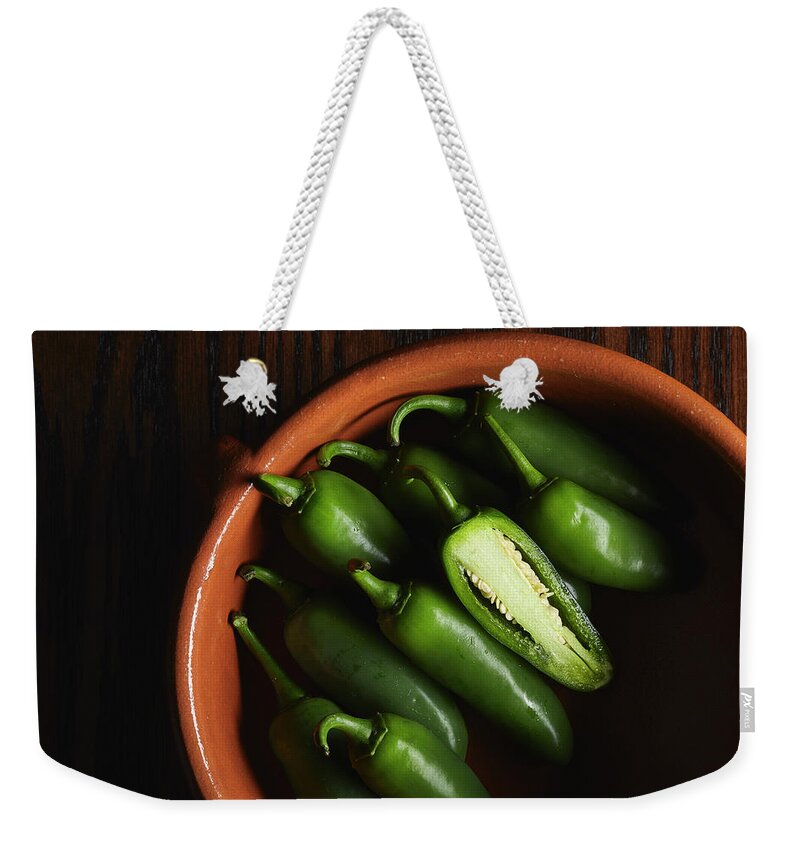 Fresh Weekender Tote Bag featuring the photograph Bowl of Jalapenos by Cuisine at Home