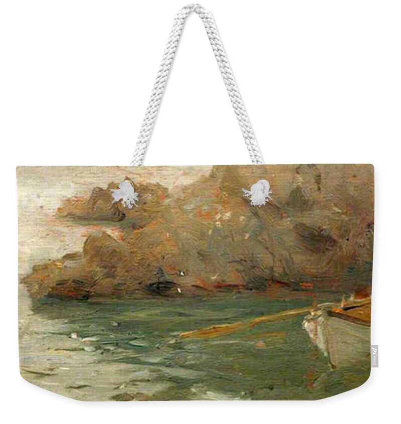Henry Scott Tuke Weekender Tote Bag featuring the painting Boy Rowing Out From a Rocky Shore by Henry Scott Tuke