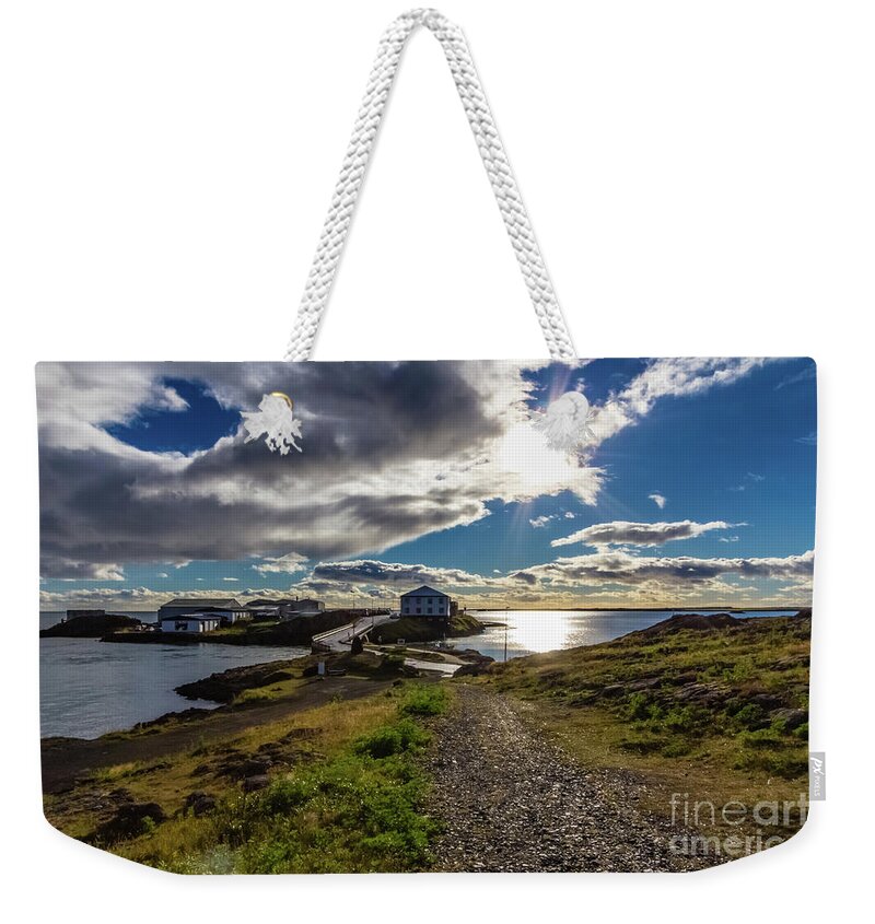 Island Weekender Tote Bag featuring the photograph Brakarey island, Borgarnes, Iceland by Lyl Dil Creations