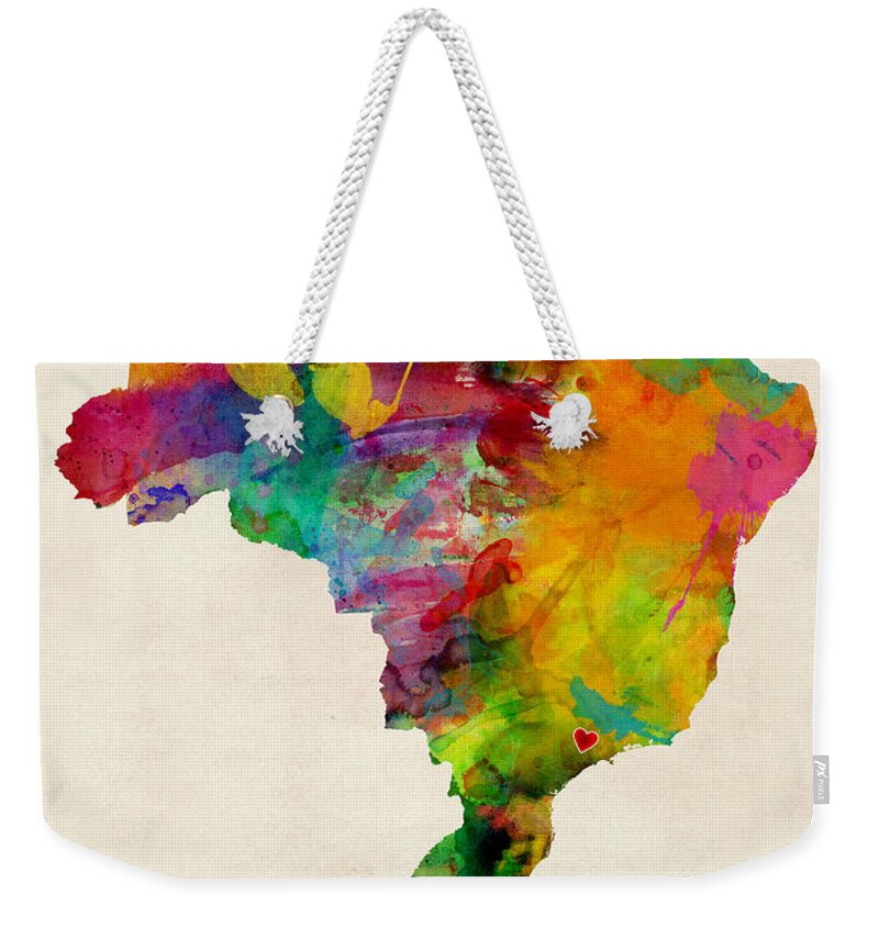 Brazil Weekender Tote Bag featuring the digital art Brazil Watercolor Map Custom Heart by Michael Tompsett