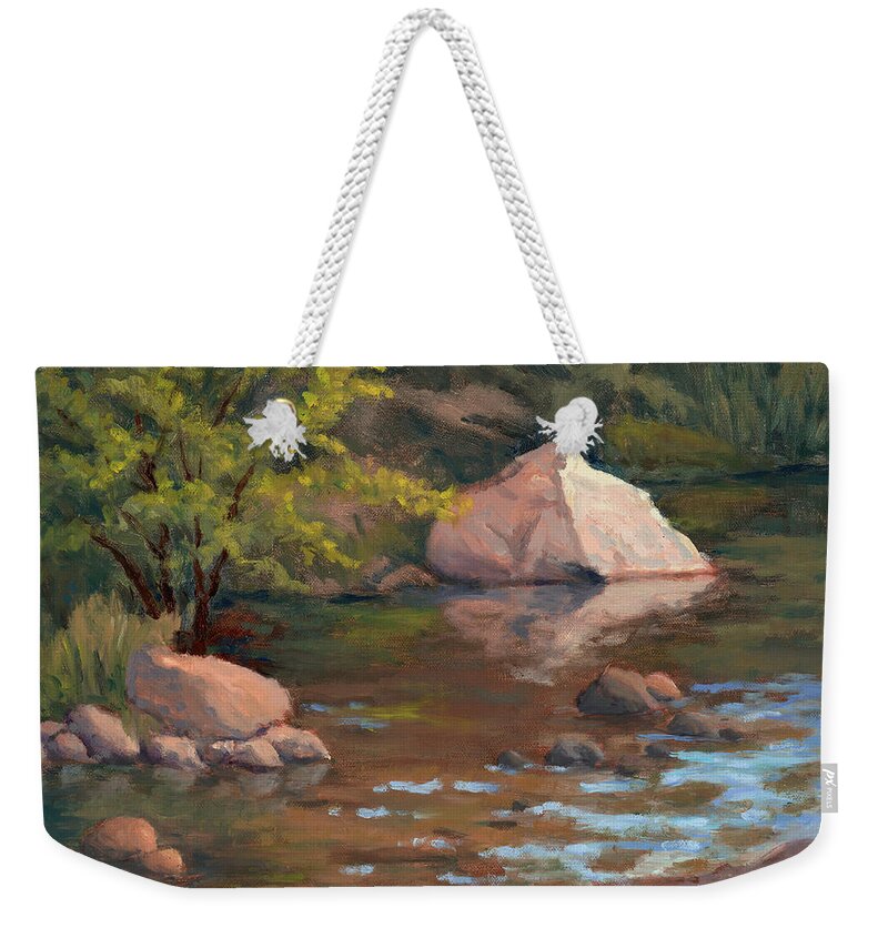 California Landscape Weekender Tote Bag featuring the painting Break of Day at Big Rock Creek by Sandy Fisher