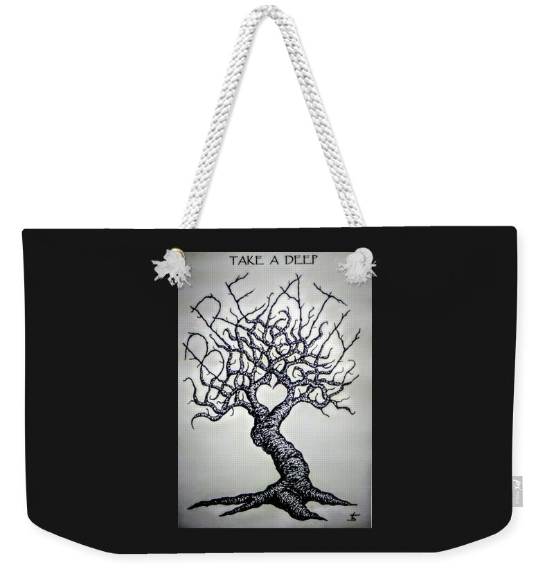 Yoga Weekender Tote Bag featuring the drawing Breathe Love Tree - blk/wht by Aaron Bombalicki