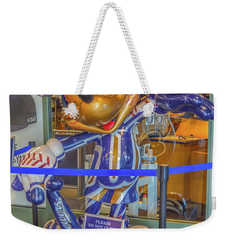 Miller Park Weekender Tote Bag featuring the photograph Brewer Mickey by Tommy Anderson