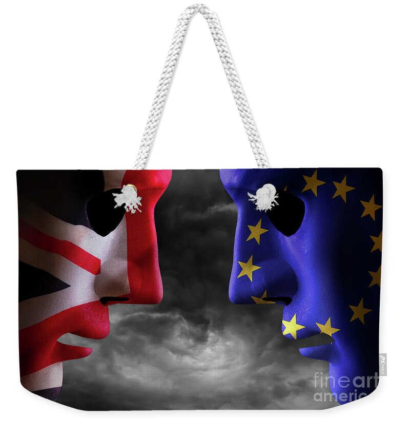 Brexit Weekender Tote Bag featuring the photograph Brexit head to head EU and UK flags by Simon Bratt