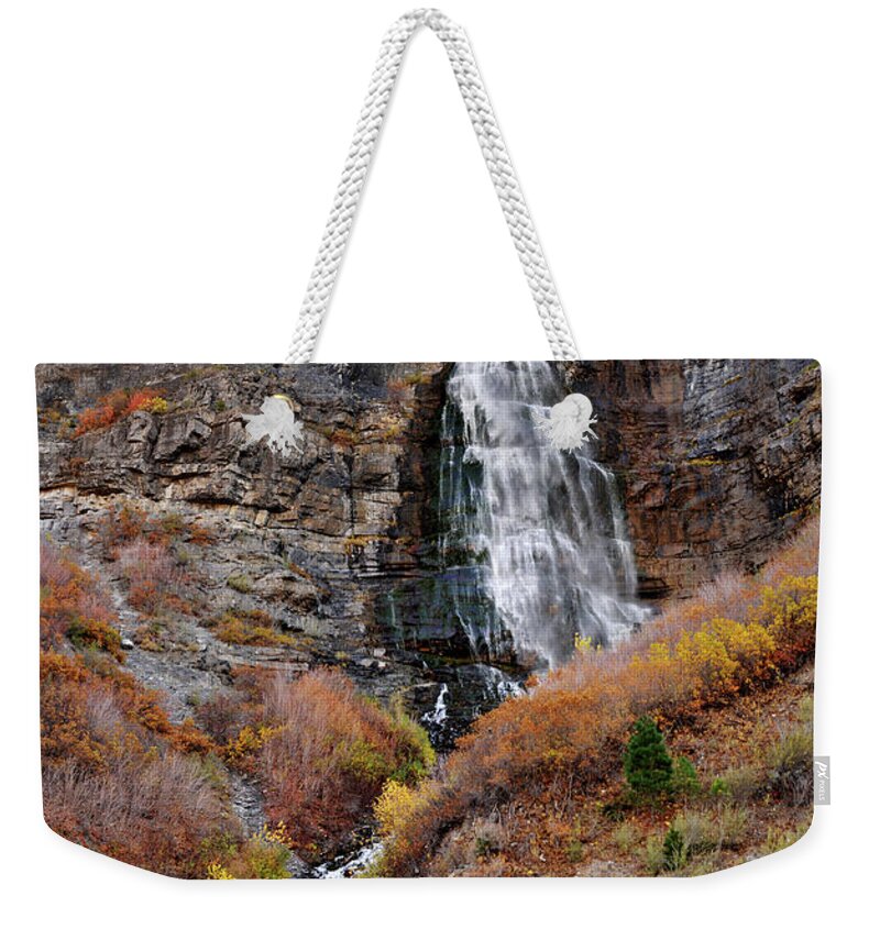 Scenics Weekender Tote Bag featuring the photograph Bridal Veil Falls In Provo Canyon by Utah-based Photographer Ryan Houston