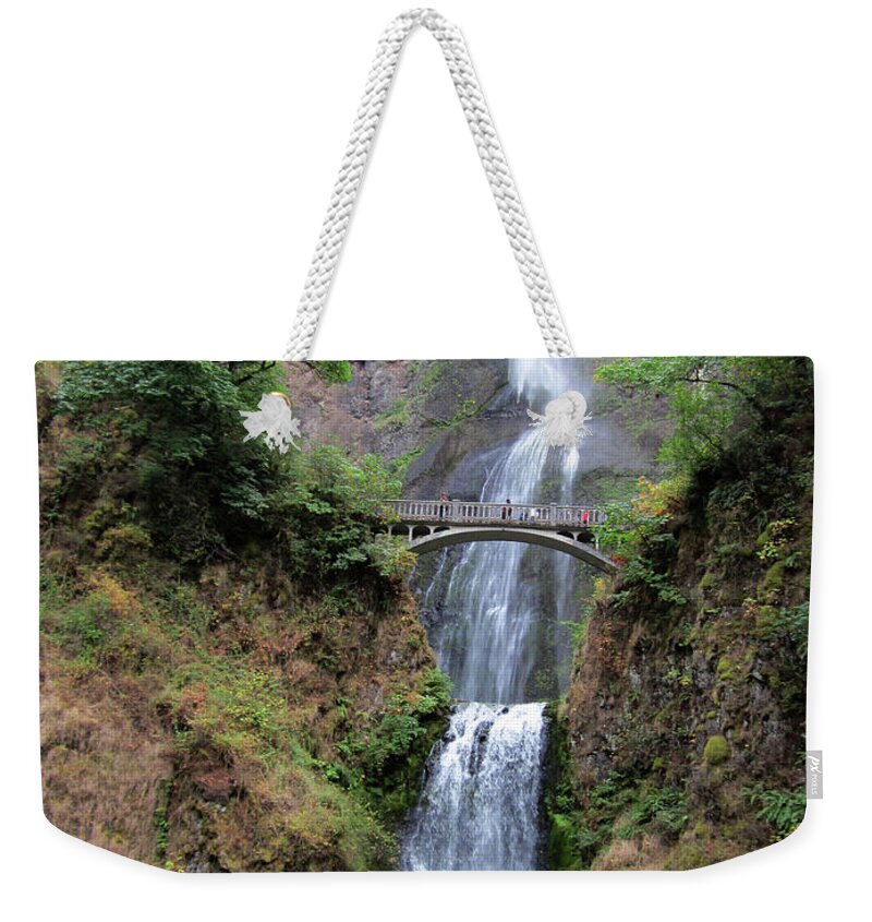 Waterfall Weekender Tote Bag featuring the digital art Bridge over Multenoma Falls in Oregon by Julia L Wright