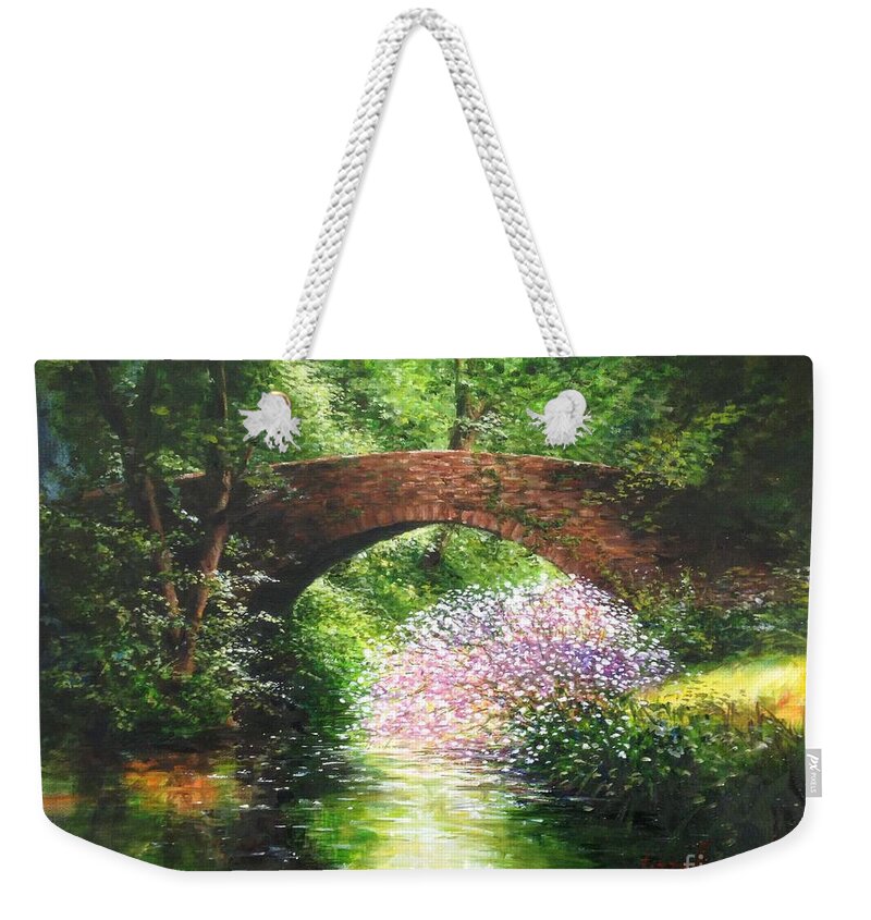 Cotswolds Weekender Tote Bag featuring the painting Cotswolds old stone Bridge - Over Still Waters  by Lizzy Forrester