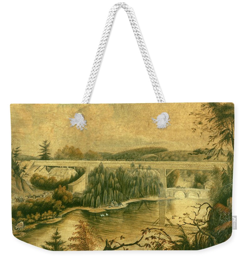Bridge Weekender Tote Bag featuring the drawing Bridge over the Wissahickon Creek, about 1835 by William Breton