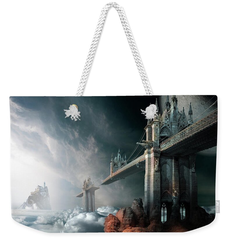 Sky Clouds Rainbow Bridge Haven Gothic Architecture Broken Island Moon Weekender Tote Bag featuring the digital art Bridges to the Neverland by George Grie